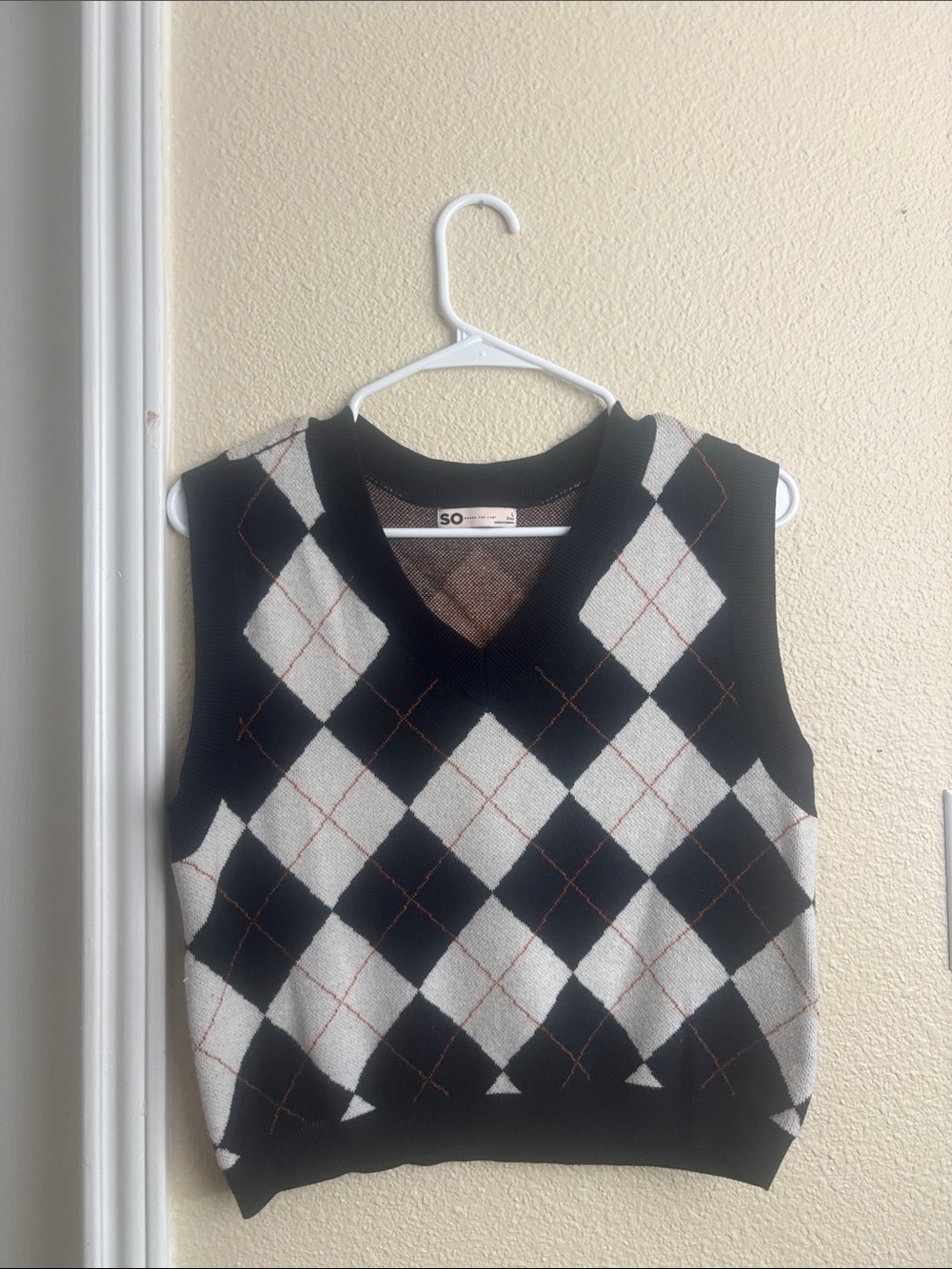 SO Black and White Argyle V-Neck Sweater Vest with Brown Stitching